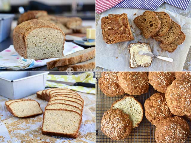 Ultimate keto bread, Fluffy grain-free sunflower bread, Low-carb sourdough bread, Ultimate keto buns (recipes from KetoDiet apps)